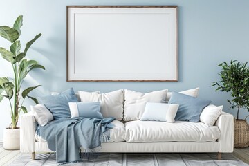 In a coastal-inspired living room with soft blue hues, a single blank frame hangs above a white sofa