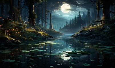 Dark Forest With Lily Pads Under Full Moon