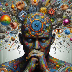Naklejka premium Creative Fireworks: Ideas Burst Forth in a Mental Brainstorm. Mind Unleashes a Symphony of Unexpected Images. Brainstorming Flow. generative AI