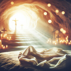 Easter Divine Light: Empty Tomb and Shroud Glow with Heavenly Radiance. Shroud Lies Empty in Illuminated Tomb. generative AI