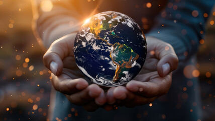 Hands holding circular globe of Earth