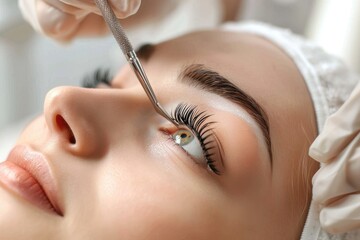 Cosmetologist performs Lash Lifting procedure. Whipped Keratin Formula for Natural looking Eyelash