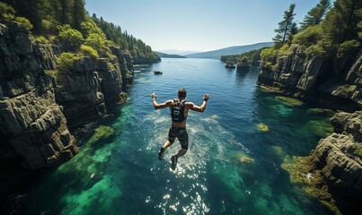 Man Jumping Off Cliff Into Water