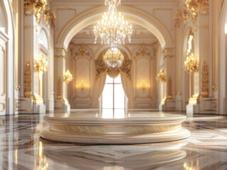 Fototapeta premium Elegant Velvet Podium, front view focus, with a Royal Palace Ballroom Background