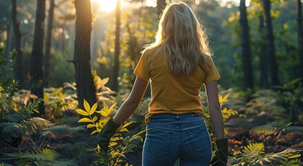 Young woman in yellow shirt and jeans standing in forest and looking at sunrise. Green thumb.