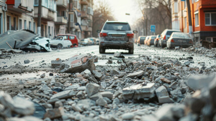 Impact of Earthquake Damage on City Streets Traffic Issues and Safety Concerns. Concept Earthquake Damage