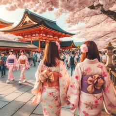 Obraz premium Cultural Immersion: Japanese Women Explore Kyoto Shrine. Cherry Blossoms. Yukata-Clad Women Visit Kyoto Shrine Under Cherry Blossoms. generative AI