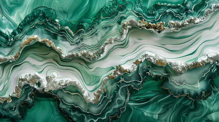 Obraz premium Agate-Like Luxurious Texture in Forest Green and Pearl White Alcohol Ink.