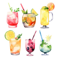 Set of cocktails watercolor clipart transparent background