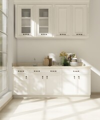 Cream white kitchen cabinet counter and cupboard with sink in sunlight from window on wood laminated parquet floor for interior design decoration, kitchenware product background 3D