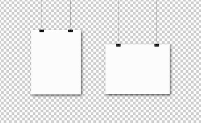 White realistic paper hanging on transparent backgrounds with shadows.