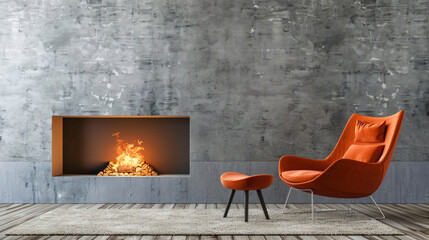 Modern fireplace near wall in room