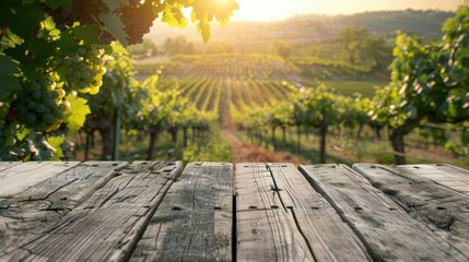 front view off empty raw wooden old table against blurred vineyard background