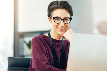 Portrait, business and woman in office, computer and smile with confidence, career ambition and...