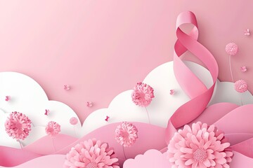 A pink background adorned with colorful flowers and a ribbon, creating a vibrant and cheerful composition. Generative AI