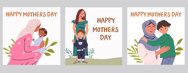 Obraz premium Cards set muslim mother and daughter, son. Happy Arab mom and child hugging. Smiling mom in hijab and baby girl, baby boy hugging together. Happy mothers day. Flat vector illustration.
