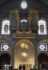 Interior architecture view of St. Michael's Church (Michaelskirche Jesuit church) in Munich pedestrian zone. It is the largest Renaissance church north of the Alps. Space for text, Selective focus.