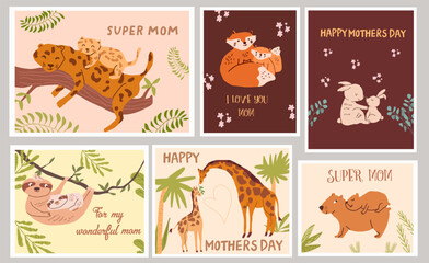 Happy mother's day, set of card designs. Cute wild animal families, cards with quotes for moms. Funny parents of giraffe, leopard, sloth, fox, hare, rabbit, bunny, capybara , moms animals with little 