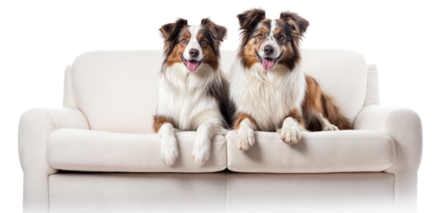 Two happy shepherd dogs lying on a white sofa, isolated on a transparent background
