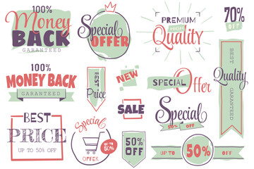 A collection of labels and stickers for sales, product promotion, special offers, and e-commerce. These vector illustrations are for creating web designs and marketing materials.