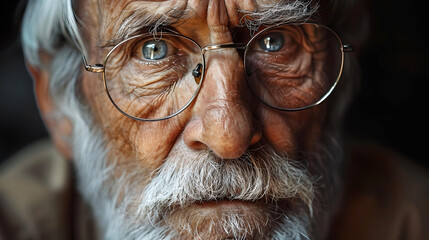Close-up portrait of an elderly man with deep eyes and a thoughtful expression, wearing glasses.
