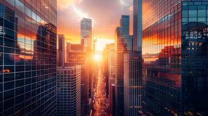 cityscape of a financial district at sunset, with sleek skyscrapers and bustling streets 