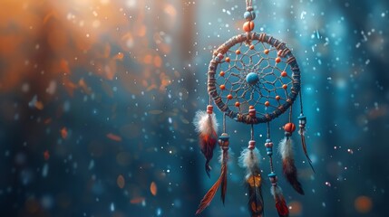 Dreamcatcher with feathers on abstract watercolor background.