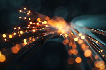 A close-up of a fiber optic cable with light pulses.