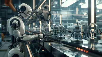 Fototapeta premium Industrial robot on assembly line automation in manufacturing