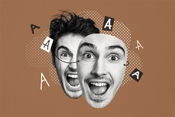 Composite photo collage of mad crazy guy scream mask bipolar burnout syndrome psyche schizophrenia...