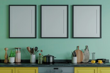 Two blank white frames hang on the wall