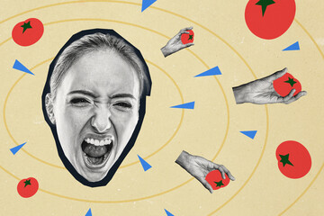 Composite photo collage of upset head girl scream victim hand throw tomato strike hate abuse...