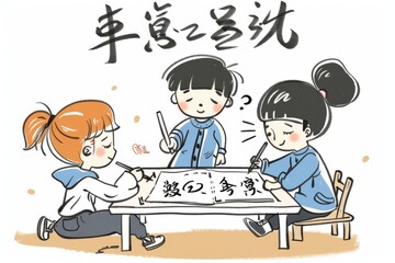 Cartoon cute doodles of students practicing calligraphy with graceful brush strokes, capturing the beauty of Chinese characters, Generative AI