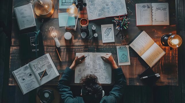 A top-down view of a designer’s workspace hands-on the drawing amidst a sea of inspirations