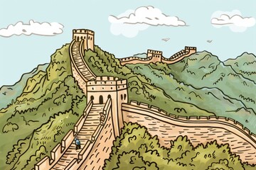 Cartoon cute doodles of the majestic Great Wall of China winding through mountains and valleys, with tourists marveling at its grandeur, Generative AI 