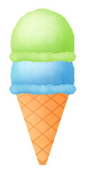 ソーダ味とメロン味のコーン付き2段アイスクリームのイラスト