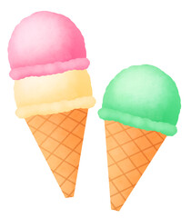 バニラ味とストロベリー味のコーン付きダブルアイスクリームとシングルアイスクリームのセットイラスト