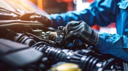 Fototapeta premium Auto mechanic working on car broken engine in mechanics service or garage