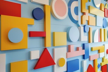 A wall of colorful geometric shapes for a children's playroom.