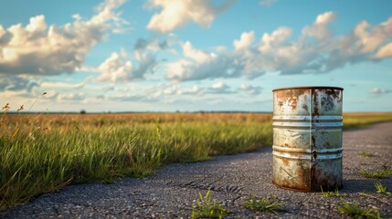 Empty metal barrels on the side of a rural road, Ai Generated Images
