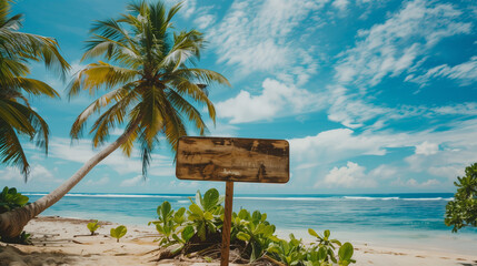photo of a wonderful beach with palm trees and a big empty wooden sign