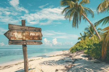 photo of a wonderful beach with palm trees and a big empty wooden sign