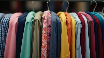 row of hanging cloth or shirt outdoors. close-up with variety colour t-shirts hanging outdoor with bokeh background.
