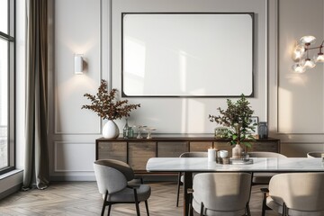 A single blank frame hangs above a sleek buffet, adding a touch of elegance to the glamorous space