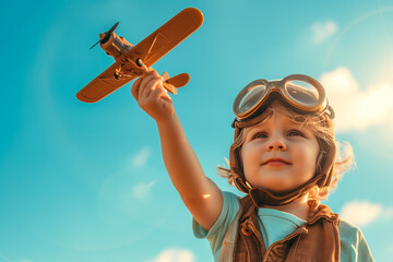 a little boy in a pilot's cap and pilot glasses holds a toy airplane in his hand against the background of the blue sky
