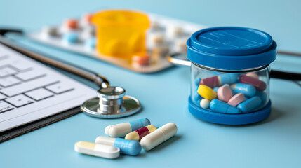 A blue container of pills sits on a table next to a prescription pad. The pills are in various colors and shapes, and the container is filled to the brim