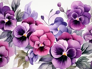 Elegant array of pansies in a watercolor vector design, ideal for seamless wallpaper and boutique paper goods ,  vector and illustration