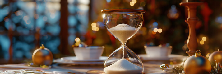 An elegant hourglass measures time among opulent Christmas dinner table decorations