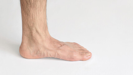 Inner view of adult man's ankle, against a white background with space for text, left foot, full...