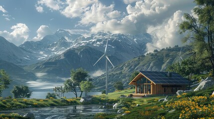 Fototapeta premium Modern renewable electric home with solar panels and wind turbine Providing clean, sustainable electricity in remote areas